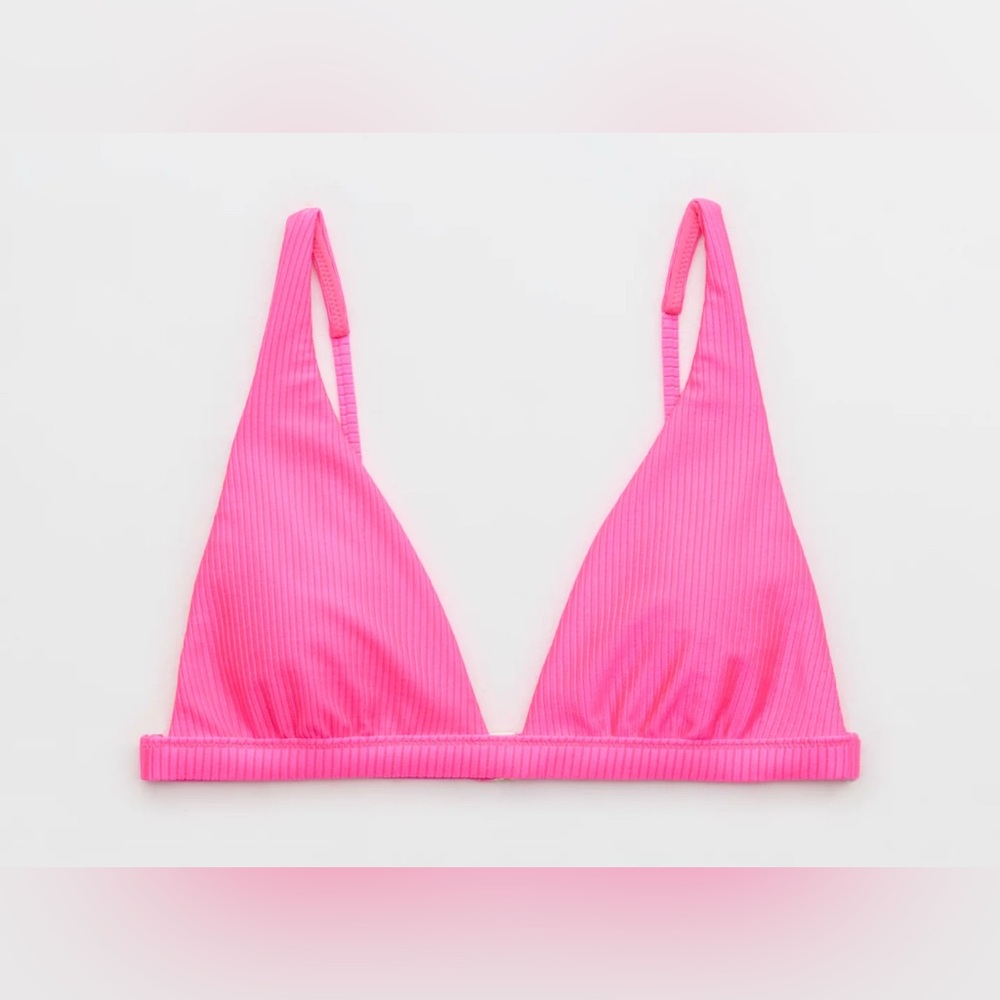 NWT Aerie FULL SET Shine Rib Plunge Top + Cheekiest Strappy Bottom Miami Pink - Picture 4 of 7